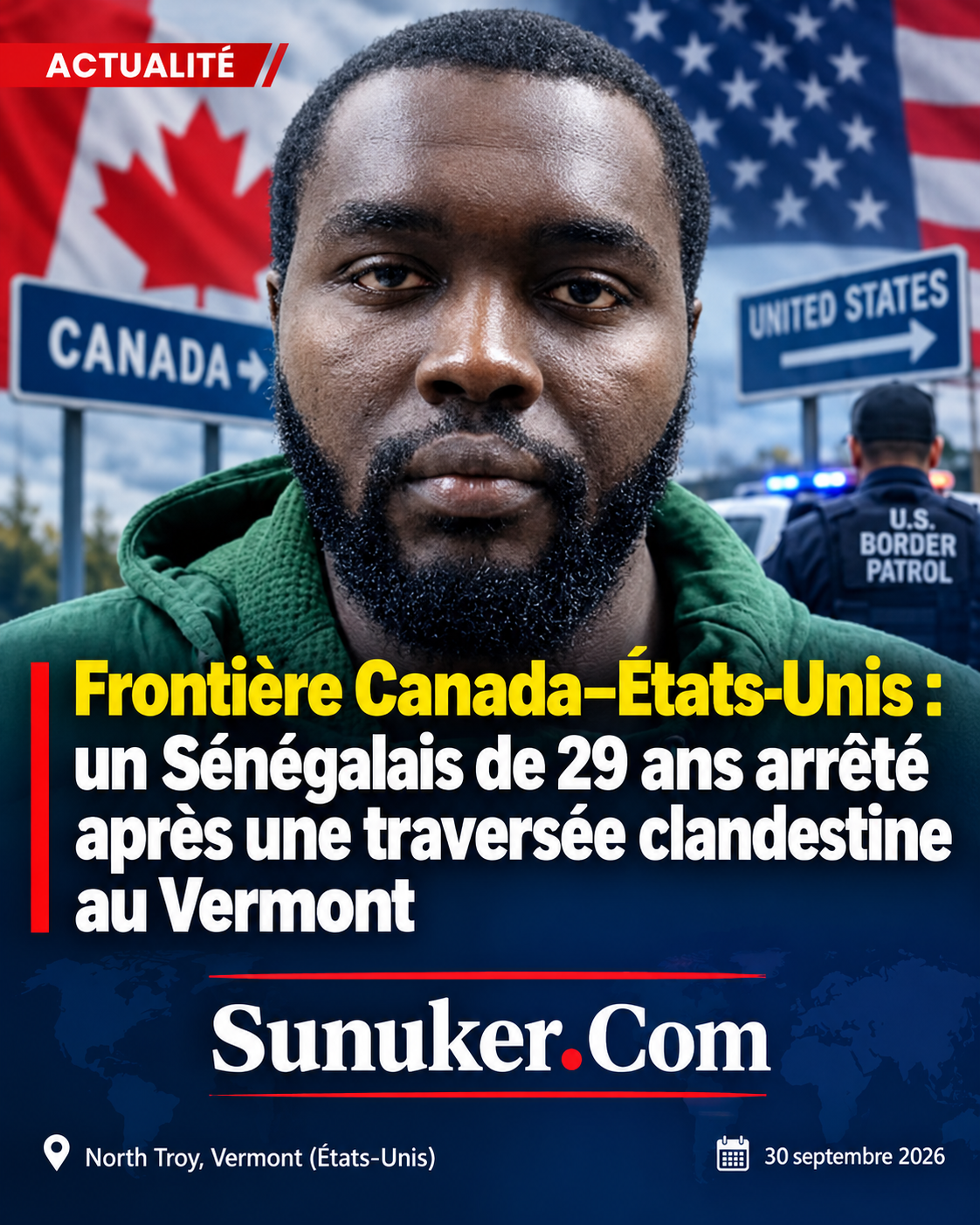 Frontière Canada–États-Unis : un Sénégalais de 29 ans arrêté après une traversée clandestine au Vermont